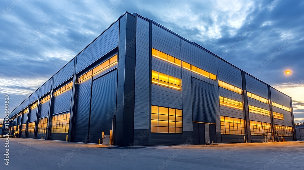 Photo of an industrial building with black steel and blue accents, modern design Photo of an industrial building with black steel and blue accents, modern design