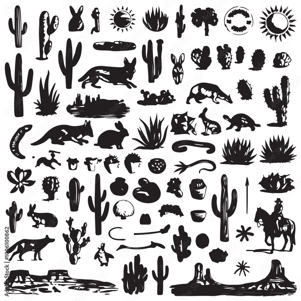 Fototapeta premium Black and white cactus plants silhouette illustration set.