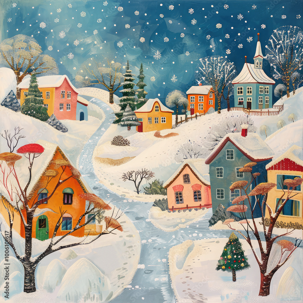 Winter landscape with snow-covered houses, trees and fir trees. Christmas and New Year illustration. Winter landscape with snow-covered houses, trees and fir trees. Christmas and New Year illustration.