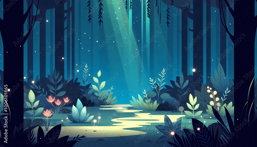 Obraz premium Glowing Fantasy Forest Clearing with Simplified Bright Flora and Mystical Light Effects - A Captivating Background for Visual Novel Games