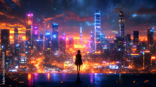 A Woman Stands Alone in a City of Lights and Neon