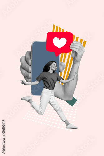 Trend artwork sketch image collage of remote smartphone display blogger influencer young woman walk flylike heart banner popular repost photo