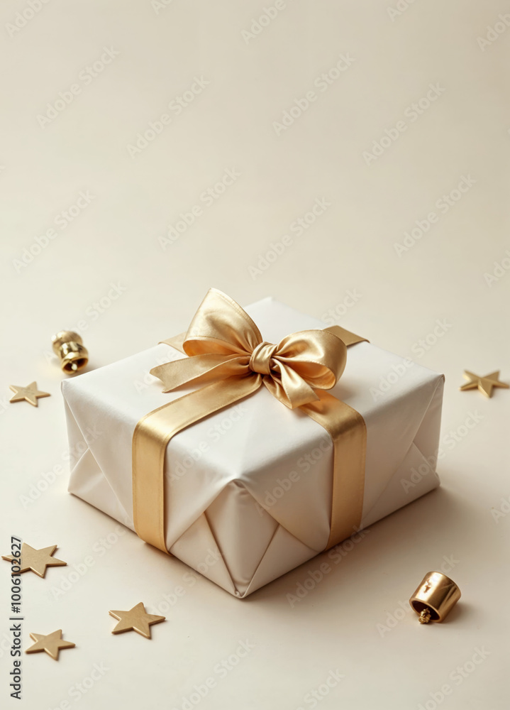 golden christmas gift box with golden ribbon and stars on white background golden christmas gift box with golden ribbon and stars on white background