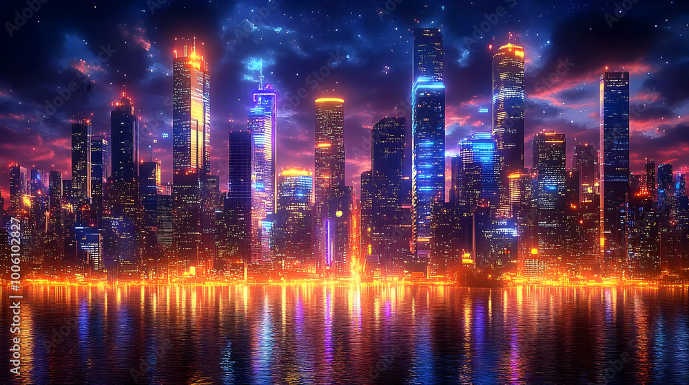 Cityscape at Night with Neon Lights Reflecting in Water Cityscape at Night with Neon Lights Reflecting in Water