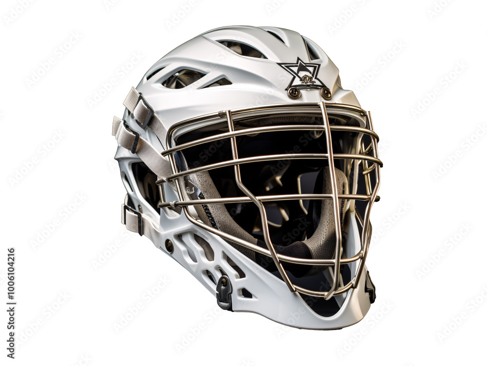 a white helmet with a metal mesh face mask a white helmet with a metal mesh face mask
