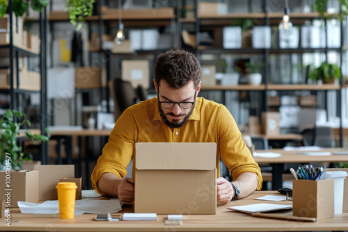 Man handling a cardboard box in a modern office filled with shelves of packages and plants