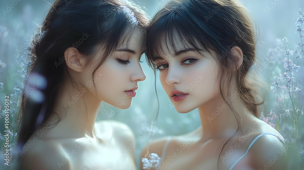 Two Women in a Field of Flowers: Beauty and Nature Combined Two Women in a Field of Flowers: Beauty and Nature Combined