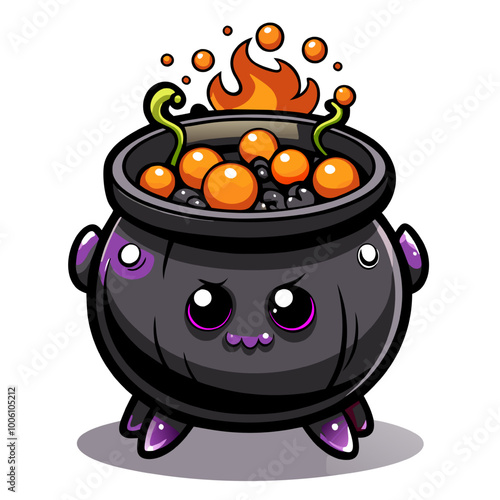 Cute Cauldron: A whimsical and adorable cartoon cauldron with a bubbling potion and cute, cartoonish features. This charming illustration is perfect for Halloween, fantasy, and magical themes. 