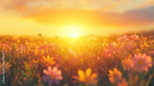 Sunrise Over a Blooming Flower Field