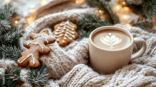 Cozy winter, cup of coffee, spruce branches, christmas gingerbread, soft blanket and garlands. Generative AI