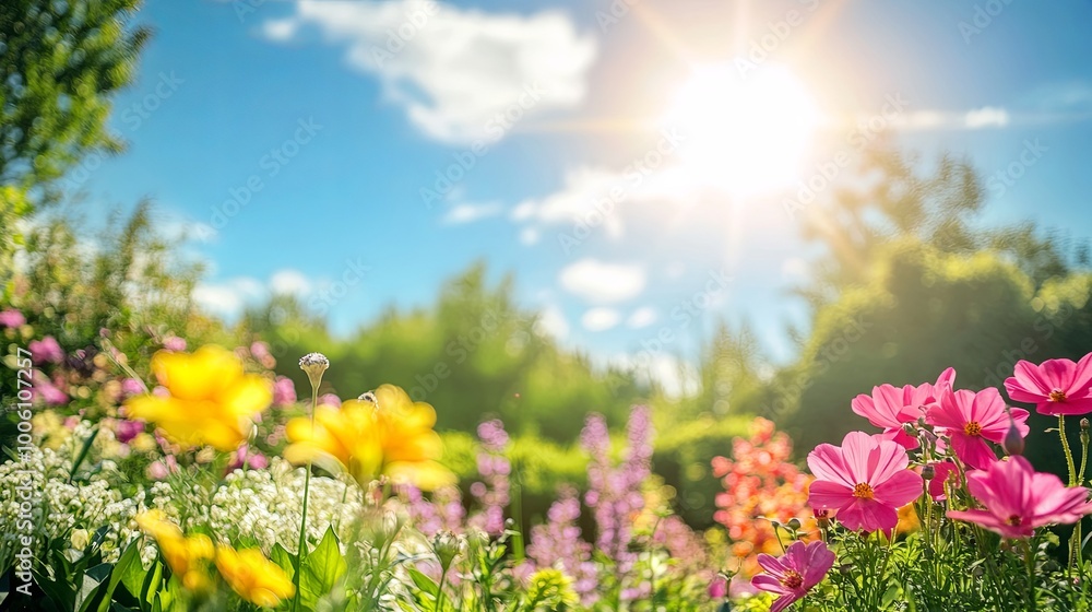 A vibrant garden scene with colorful flowers under a bright sun and blue sky, evoking a sense of tranquility and nature. A vibrant garden scene with colorful flowers under a bright sun and blue sky, evoking a sense of tranquility and nature.