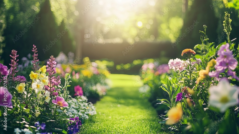 Obraz premium A vibrant garden path lined with colorful flowers, bathed in warm sunlight, inviting tranquility and natural beauty.