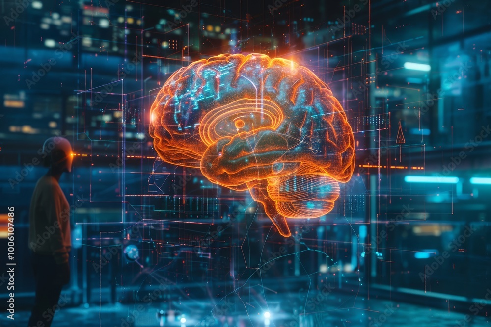 A futuristic exploration of the human brain illuminated in neon lights inside a high-tech urban laboratory at twilight. Generative AI A futuristic exploration of the human brain illuminated in neon lights inside a high-tech urban laboratory at twilight. Generative AI