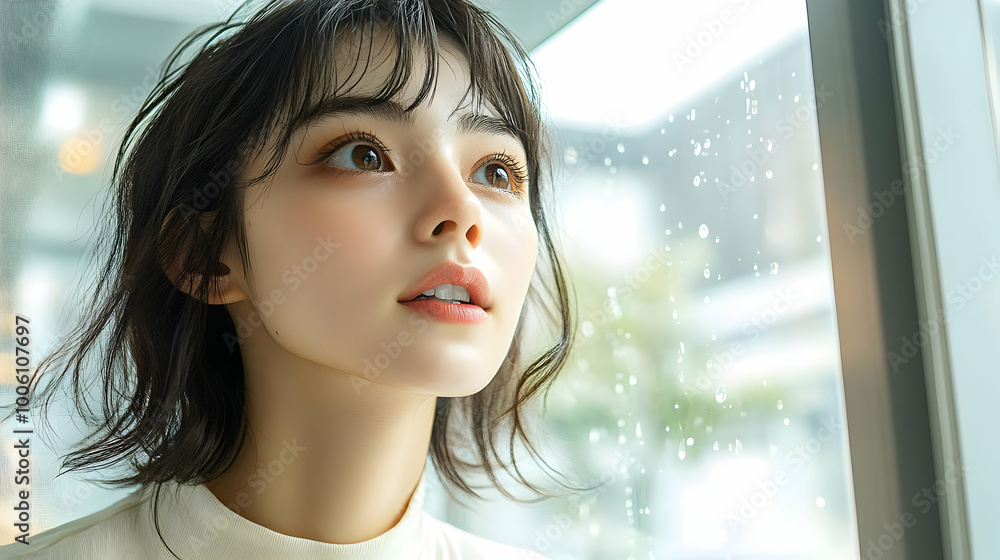 Woman Looking Out Window With Raindrops Woman Looking Out Window With Raindrops