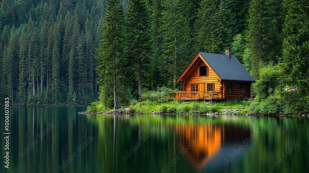 A serene wooden cabin by a calm lake, surrounded by lush green trees, reflecting tranquility and nature's beauty. A serene wooden cabin by a calm lake, surrounded by lush green trees, reflecting tranquility and nature's beauty.