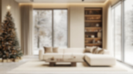 Cozy minimalist Christmas living room with a blurred background during a virtual call