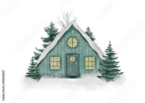 HoCozy Winter House in Snowy Forest with Warm Lights and Fir Trees