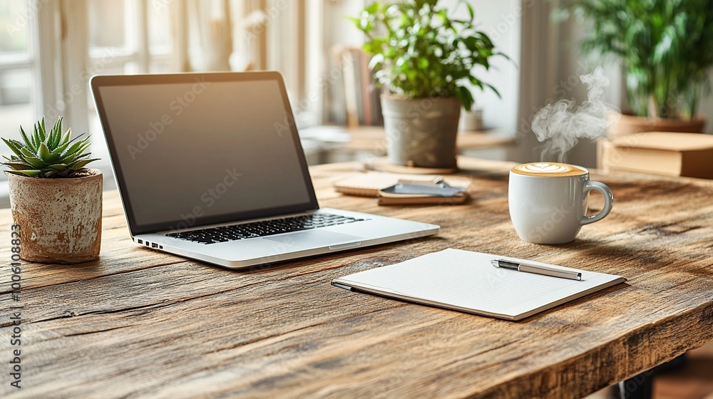 An overhead flat lay shot of a modern workspace setup on a rustic wooden desk. An overhead flat lay shot of a modern workspace setup on a rustic wooden desk.