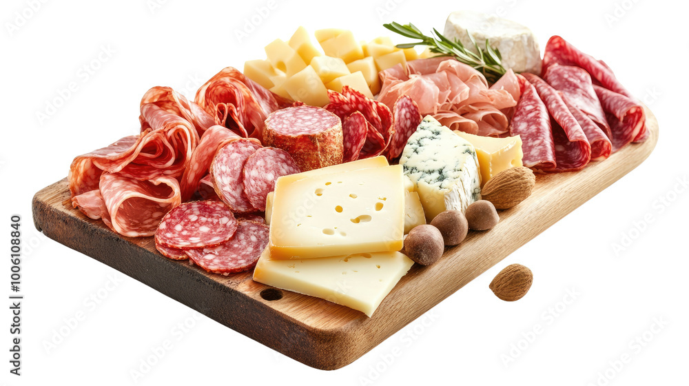 neatly arranged charcuterie board with cheeses and cured meats on a transparent background