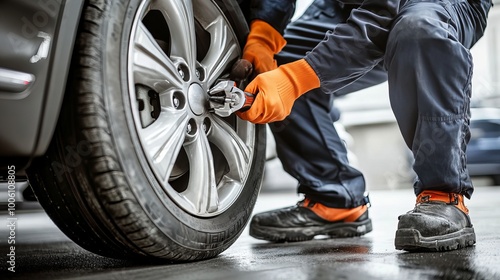 An auto mechanic is changing a tire. They use a wrench to loosen the lug nuts, then lift the car with a jack to remove the wheel.