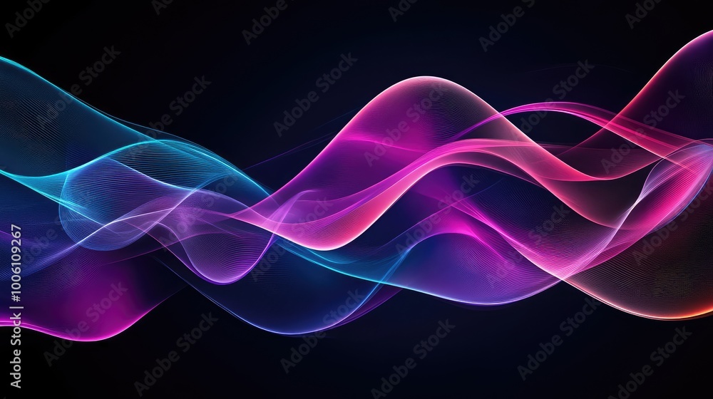 A wave of glowing, neon shapes in pink, purple, and blue, flowing across a dark background, creating a futuristic abstract design. A wave of glowing, neon shapes in pink, purple, and blue, flowing across a dark background, creating a futuristic abstract design.