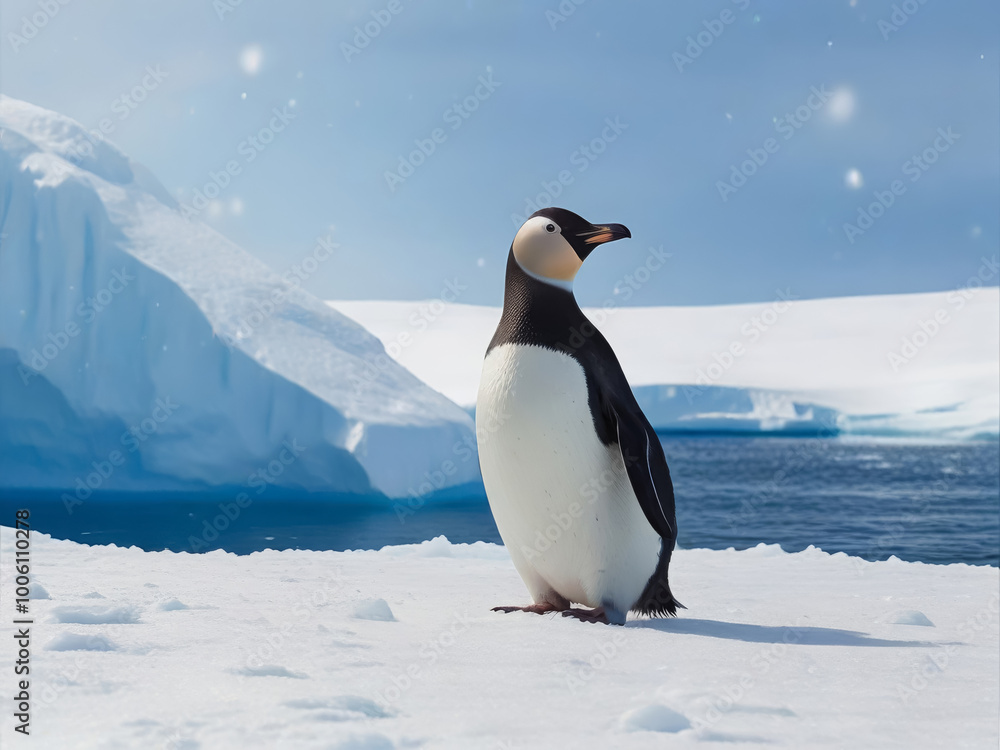 Fototapeta premium Gentoo Penguin Standing on Antarctic Ice with Icebergs in the Background.