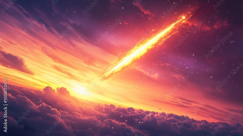 A fiery meteor or rocket streaking across a vibrant sunset sky, blending hues of orange, pink, and purple, soft clouds in the background, A fiery meteor or rocket streaking across a vibrant sunset sky, blending hues of orange, pink, and purple, soft clouds in the background,