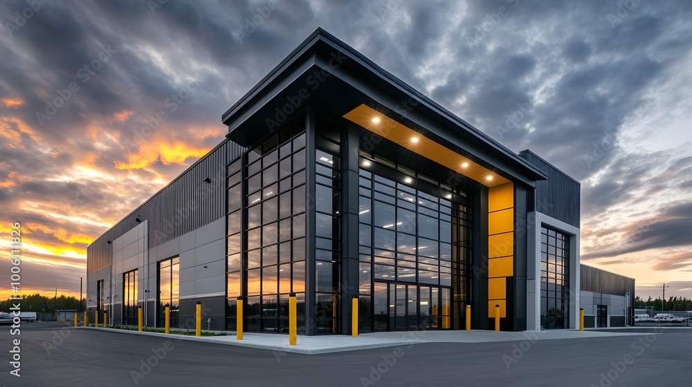 Photo of an industrial building with black steel and blue accents, modern design Photo of an industrial building with black steel and blue accents, modern design