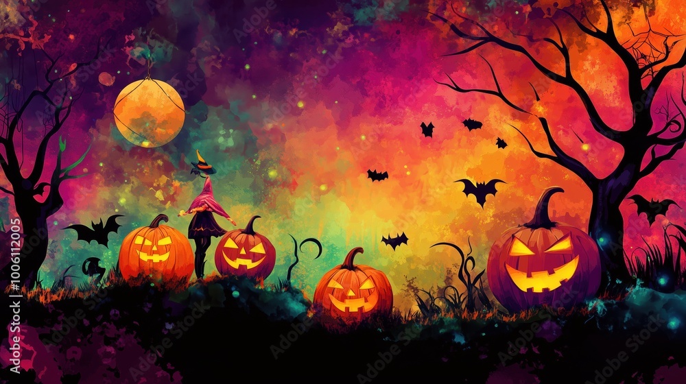 A colorful Halloween night filled with pumpkins, witches, and spooky trees under a mystical moonlit sky. Silhouettes of people walk through the fog in a whimsical fantasy landscape, surrounded by vibr A colorful Halloween night filled with pumpkins, witches, and spooky trees under a mystical moonlit sky. Silhouettes of people walk through the fog in a whimsical fantasy landscape, surrounded by vibr