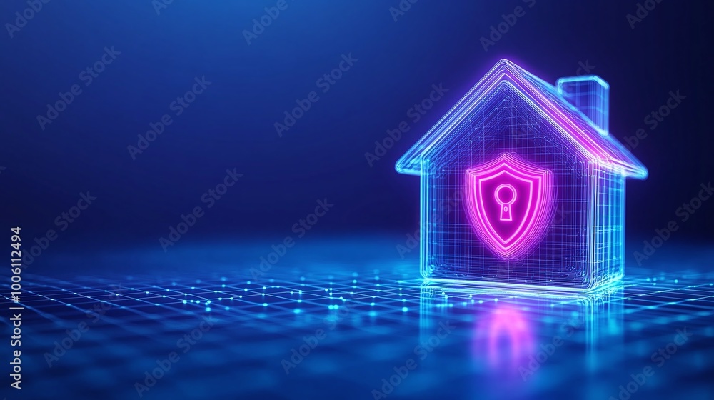 A digital house hologram with a security shield symbol, representing smart home technology and cybersecurity. A digital house hologram with a security shield symbol, representing smart home technology and cybersecurity.