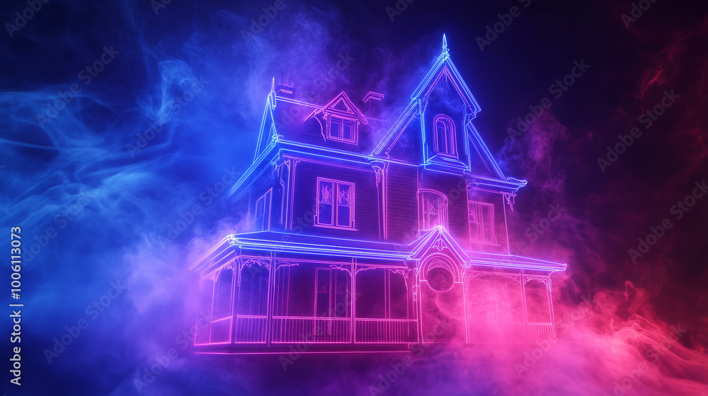 A neon-outlined haunted house with vibrant pink and blue lights, set against a dark background with swirling mist, creating an eerie yet modern atmosphere. A neon-outlined haunted house with vibrant pink and blue lights, set against a dark background with swirling mist, creating an eerie yet modern atmosphere.