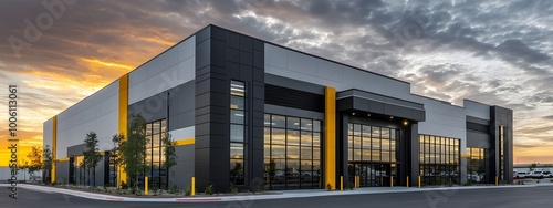 Photo of an industrial building with black steel and blue accents, modern design