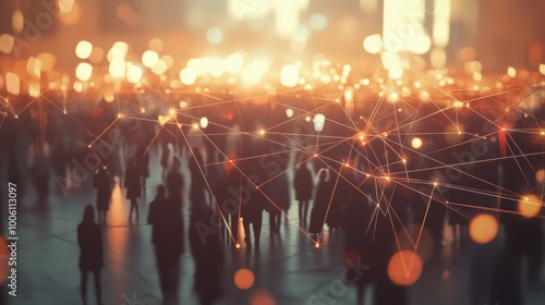 A view of a crowd with a network of connections illustrated around them, representing big data and smart city concepts, soft ambient lighting