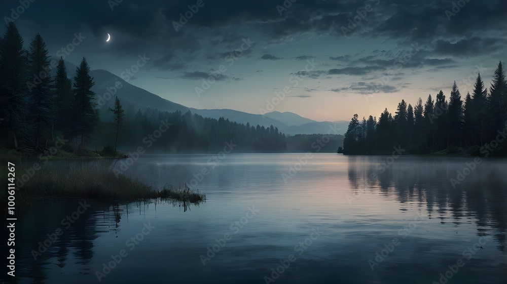 Fototapeta premium Dark mood lake in the mountains, with a brooding, cloudy sky and a full moon casting an eerie glow, featuring a rugged mountain landscape in the background