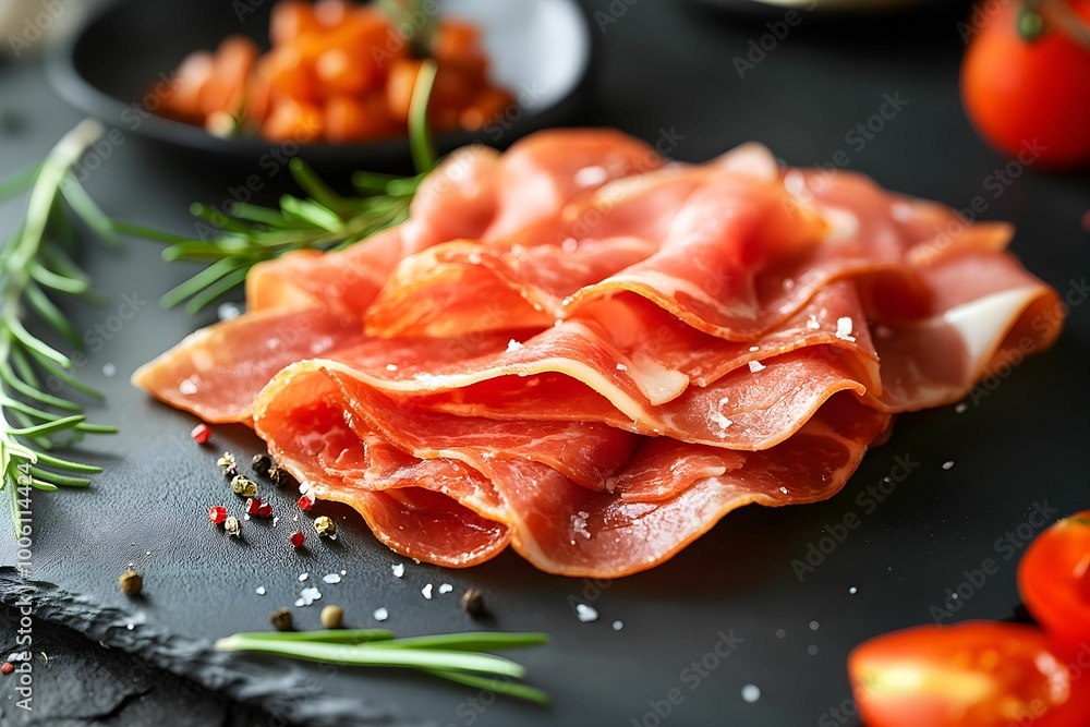 Thinly sliced prosciutto, artfully arranged on a dark stone.
Thinly sliced prosciutto, artfully arranged on a dark stone.