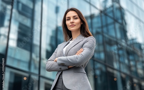 Free Download A confident businesswoman stands with arms crossed in front of a modern glass building, embodying professionalism and strength. - GFXLoad