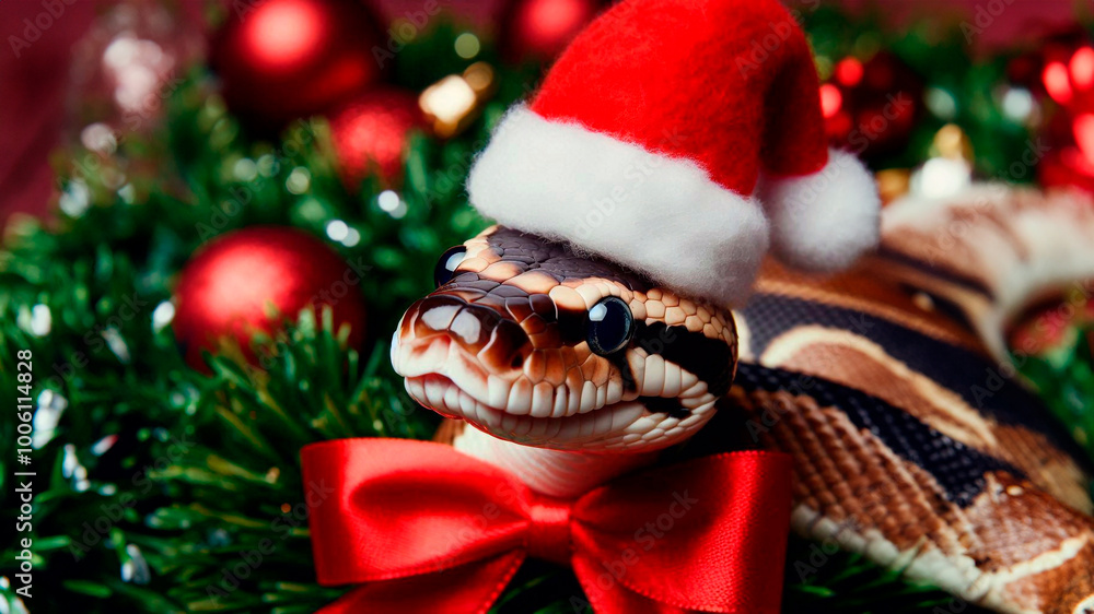 Obraz premium Close-up portrait of a festive snake wearing a Santa hat. Christmas and New Year