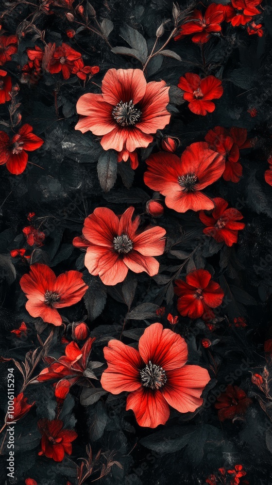 Red and black floral pattern with vibrant Red and black floral pattern with vibrant