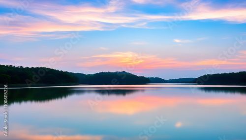 Beautiful sunset over a serene lake with natural scenery and interplay of light and shadow.