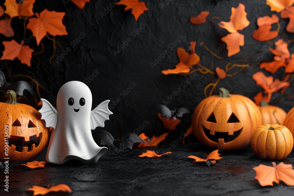 Halloween background with cute ghost, grinning pumpkins and bats background, 3D rendering, 3D illustration , copy space - generative ai Halloween background with cute ghost, grinning pumpkins and bats background, 3D rendering, 3D illustration , copy space - generative ai