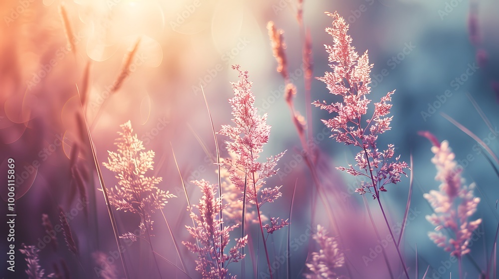 Soft, pink wildflowers bathed in warm sunlight, creating a dreamy and romantic ambiance. Soft, pink wildflowers bathed in warm sunlight, creating a dreamy and romantic ambiance.