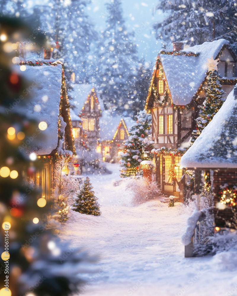 Fototapeta premium Warmly lit Christmas village warmly welcomes winter festivities with snowflakes falling in 2025