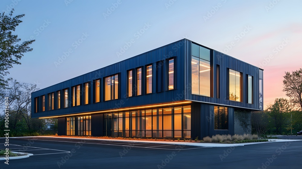 Photo of an industrial building with black steel and blue accents, modern design Photo of an industrial building with black steel and blue accents, modern design