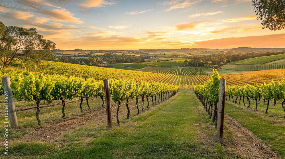 Fototapeta premium A serene vineyard landscape at sunset, showcasing rows of grapevines and rolling hills.