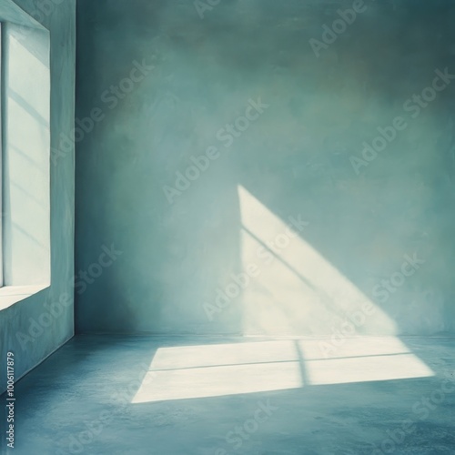 Sunlight streaming through a window, casting shadows on a minimalist green wall in a modern interior space.