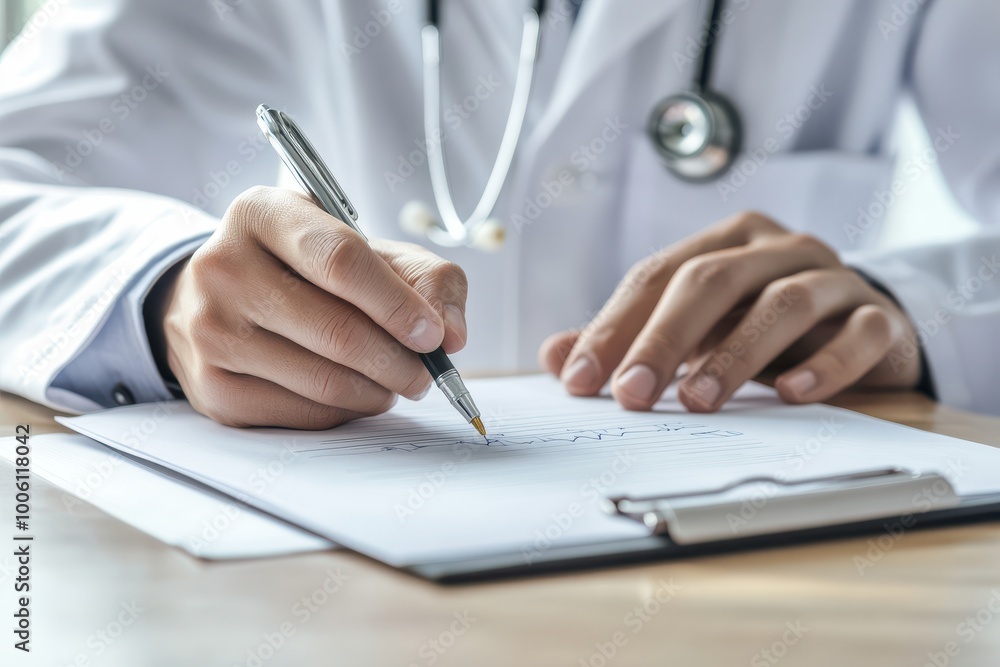 Close-up of a doctor writing a medical report in a clinic office, with a stethoscope and white coat Close-up of a doctor writing a medical report in a clinic office, with a stethoscope and white coat