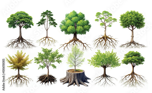 Root with tree stump. Dendrology, study of woody plants, isolated on white background