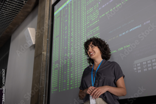 Young female coder presenting at a tech conference photo