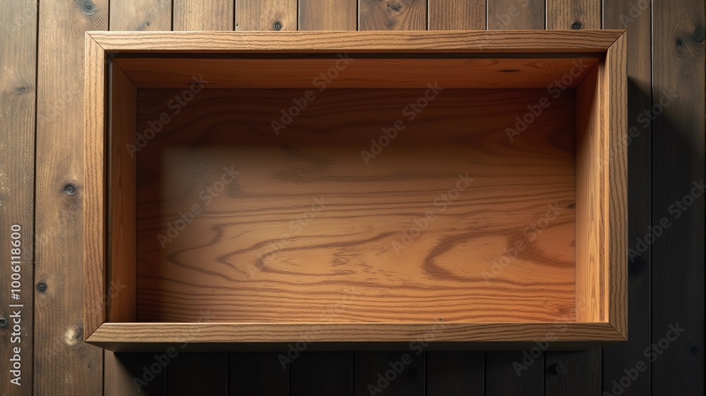 open empty wooden box top view