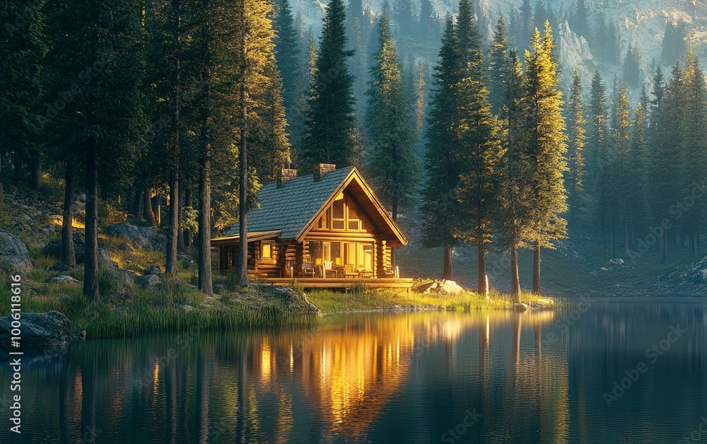 Fototapeta premium A serene lakeside cabin surrounded by tall trees, reflecting golden light on the water's surface.